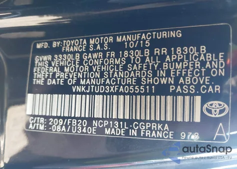 2015 Toyota Yaris Le z USA, uszkodzony, nr VIN VNKJTUD3XFA055511